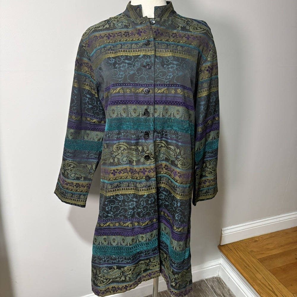 Chico's Green Multicolor Tapestry Jacket Button Down Sz 1 Boho Witchy Festival